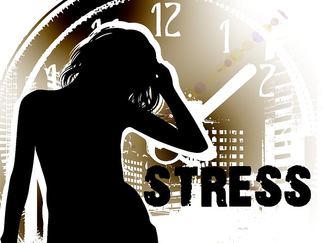 cartoon teen with long hair, a clock as a background, and the word STRESS next to the teenager