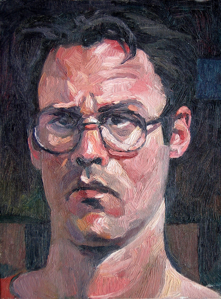 Painting of a white teenager with medium length black wavy hair and round black rimmed glasses.